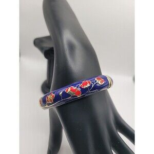 Vintage Blue Enamel Floral Hinged Bangle Bracelet Gold Tone Cloisonne' Style